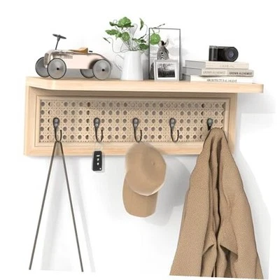 Coat Rack Wall Mount with Shelf, Boho Rattan Entryway Wall Shelf Metal Hook