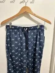 True Religion Loungewear Pants Men Size S Blue Fleece Pajama Bottoms Micro Print