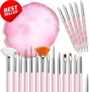 21PCS Nail Art Brushes Set, Resin Palette, Carving & Dotting Tools, Pink