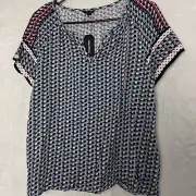 Nautica Color block Geo Top Blouse Women Small Blue White Rayon Nautical NEW