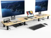Large Dual Monitor Stand Riser, Solid Wood Desk Shelf with Eco Cork Legs for Lap