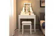 Giantex Vanity Table Set w/10 Brightness Adjustable LED Lights Mirror 3 Drawers 2 Dividers Cushioned Stool Makeup Dressing Table White