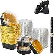 YRYUNRUI 50Pcs Mini Aluminum Pans with Lids, 5oz/150ml Square Foil Cake Pans with 50Pcs Plastic soups, Liners Brownie Baking Cups with 50Pcs Stickers,Dessert Cup for Wedding Birthday Party