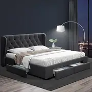 Artiss King Bed Frame Platform Wingback Headboard Frames Beds Base with 4 Storage Drawers Bedroom Room Decor Home Furniture, Upholstered with Charcoal Faux Linen Fabric + Foam + Wood