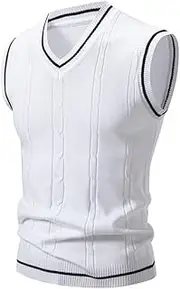 [OFFSUM] Men'S Knitted Vest - Autumn Winter Knitted Vest V-Neck Sleeveless Slim Fit Solid Color Patchwork Large Size Soft Warm Waistcoat Jacket