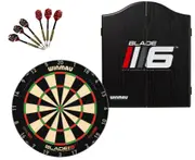Winmau Blade 6 TRIPLE CORE Dart Board + Blade 6 Cabinet + Darts Set