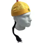 CHINESE LANDLORD HAT Oriental Asian Cap w Ponytail Party Costume Traditional - Y