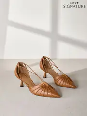 Tan Brown Signature Leather Point Toe Tube Strap Kitten Heels (AA6923) | $131
