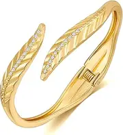 [YUJIE] Gold Leaf Hinge Bangle Sparkly Rhinestone Statement Bracelet Cuff Bracelets 14K Plated Women Fashion Jewelry Gifts, 2.75, Cubic Zirconia