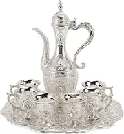 Turkish Tea Set,Zinc Alloy Decorative Vintage Tea Set Coffee Pot Set Wine Glass Pot Set,Turkish Coffee Set for Tea Home Party Wedding (Silver White)