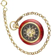 [OATIPHO] Stylish Antique Pocket Watch Roman Numeral Watch Wood Grain Case and Chain Length