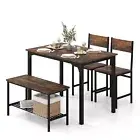 4-PCS Dining Table Chairs Set Metal Table w/ 2 Chairs & a Bench & Storage Rack