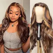 Highlight Ombre 13x4 HD Transparent Lace Front Wigs Human Hair P4/27 Color Honey Blonde Body Wave Lace Frontal Wig For Women Glueless 150% Density Pre Plucked with Baby Hair(24 INCH)