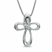 Natural Diamond Accent Three Stone Looped Cross Pendant in Sterling Silver