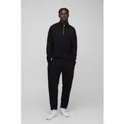Mens Black 260GSM Loopback Basic Regular Fit Quarter Zip Sweatshirt and Relaxed Tapered Jogger Set