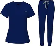 [Vaveren] Nursing Uniforms Scrub Set Workwear V Neck Tops Jogger Pants Comfortable Suit Work suits for Athletic Cosmetology Pet Shop SPA, S, Blue