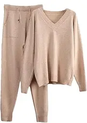[Jegsnoe] Women 2 Pieces Tracksuits Spring Autumn Knitted Loose V-Neck Sweater + Harem Pants Sets