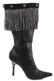 Women Gray Boot Topper Faux Suede Leather Fringe Winter Silver Flower Charm Pair