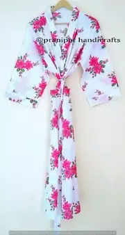 Indian Floral Print White cotton gown Lingerie Beach Cover up Robe Kimono Dress