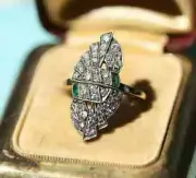 Art Deco Style Round Lab-Created Diamond & Emerald Ring 14K White Gold Finish