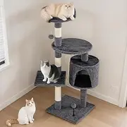 JFHID 112cm Wooden Cat Tower Tree, Natural Sisal-Covered Cat Climbing Tree with Scratching Posts, Multi-Level Cat Condo for Indoor Cats, Stable Kitty Activity Center for Homes (Dark Grey Color)