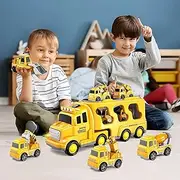 KIDBOT Toddler Truck Toy Car Set with Light & Voice, 5IN1 Kid Car Toy Set Toddler Construction Model Friction Power Carrier Excavator Crane Mixer Dumper Drill, Yellow