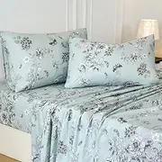 [Zusbest] Floral Bed Sheets Set King Size Percale Cotton Luxury Toile Sheets Light Green French Country Bedding, Soft Crisp, Butterfly Pattern Shabby Vintage Deep Pocket Fitted Sheet 17.5'', 4Pcs