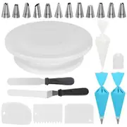 12 different interfaces, 2 Icing Spatulas, 3 Icing Smoothers, 3 Silicone Piping Bags, 50 Pastry Bags and 1 Coupler