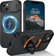 DOMAVER for iPhone 13/14 Case with Magnetic Rotatable Kickstand & Slide Camera Cover, [Compatible with MagSafe], Heavy Duty Shockproof Case for iPhone 13/iPhone 14, Black