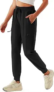 [URBEST] Women's Cargo Joggers Lightweight Quick Dry Hiking Pants for Women Outdoor Casual Athletic Workout Lounge with Zipper Pockets, Black, Small