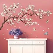 DECOWALL SG2-2424 White Cherry Blossom Branch Wall Stickers Removable Decals Nursery Bedroom Living Room Art Home DIY Decor Floral Birds Murals Colorful Oriental Decoration