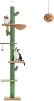 Cactus Cat Tree Four Tier Floor-To-Ceiling Cat Climbing Tower with Cozy Hammock,