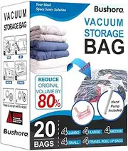 [Bushora] Vacuum Storage Bags – 20 Pack (4 Jumbo, 4 Large, 4 Medium, 4 Small, 4 Roll-Up)-Space Saver Bags for Clothes, Duvets, Bedding, Pillows-Blankets-Travel & Home Organization