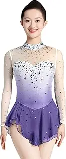 [Zagitova] Figure Skating Dress for Girls Sheer Long Sleeve Gradient Women Competition Dance Outfits with Shiny Rhinestone