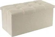 Biubiu Storage Ottoman Cube, Foldable Storage Boxes Footrest Step Stool, Padded Seat for Dorm Living Room, Support 350lbs, Line Fabric (Beige)