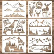 Wood Burning Stencils Set - Mountain, Pine Tree, Deer Patterns for Crafts, 6 Pie