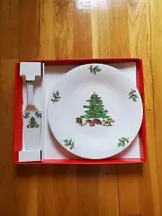 Vintage Tienshan Holiday Hostess 11' Cake Plate with Gold Trim & Server