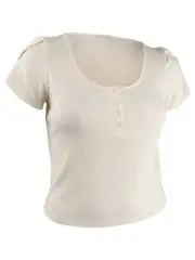Becca Tilley x Bar III Women's Tulip-Sleeve Henley Top (L, Snow Globe)