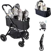 JXMIYACOO 4 Wheel Pet Stroller for Indoor and Outdoor, Dogs and Cats Stroller up to 50 lbs, 3 in 1 Multifunctional Foldable Travel Stroller for Puppies, Doggies,White