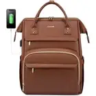 Solid Brown Vegan Leather 15.6 in Laptop Backpack with USB Port & Gold Zippers