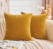 Throw Pillow Covers Mustard Yellow Set of 2 18x18 Inch Fall Pillow Covers, Soft Velvet Farmhouse Neutral Decorative Pillowcases for Couch Sofa Bed, Home Boho Decor, Modern Cushion Covers-Yellow