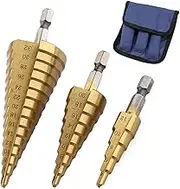 3Pcs(Metric 4-12mm/4-20mm/4-32mm) HSS Titanium Coated Step Drill Bit Set, 1/4" Hex Shank Quick Change High Speed Steel Cone Drill Bit Kit for Plastic, Wood, Metal Sheet, Aluminum H