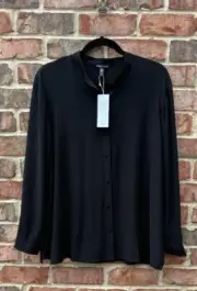 NWT Eileen Fisher Black Silk Georgette Mandarin Collar Long Shirt $278 S