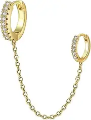 [Niaspi] 18G Double Piercing Dangle Chain Cartilage Huggie Hoop Earrings for Women Men Stainless Steel Cubic Zirconia Stud Earring Conch Helix Tragus Piercing Jewelry
