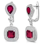 925 Sterling Silver Square Teardrop Red Ruby-Tone CZ Drop Dangle Earrings, 1.15"