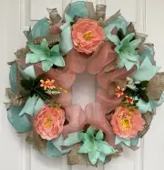 Melon and Mint Spring Floral Wreath Handmade Deco Mesh
