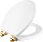 Elongated White Toilet Seat Brushed Gold Hinges Soft Close Wood Never Loosens