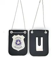 Police Badge Costume Props, Metal Badges with Chain and Belt Clip, Silver, 3.5 Inches X 2.5 Inches, Metal Leather, agate