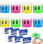 SGQTGIMU Pack of 6 Pencil Sharpeners with Container, Colourful Pencil Sharpener for Children and 6 White Plastic Erasers for Children, School, Home, Office, Student Accessories