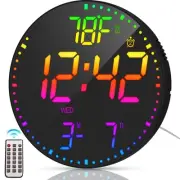 12 Inch Large Digital Wall Clock with Remote Control,RGB Color,Timer Date Tem...
